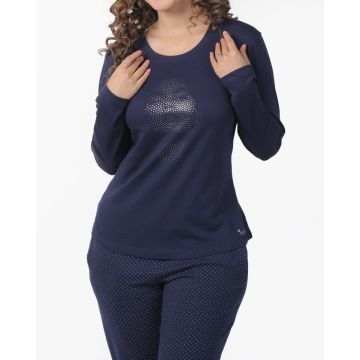 Navy Blue Long Sleeve Nightwear Set for Women - Premium Cotton Lounge Wear
