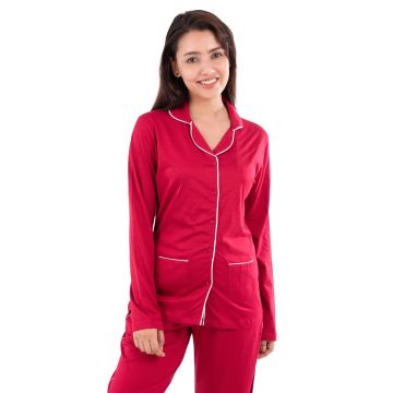Luxurious Red Cotton Button-Up Nightwear Set – Soft & Stylish