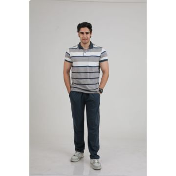 Men’s Collar Stripe Polo Tee with Contrast Lower Set (Grey/Navy)