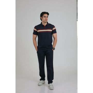 Men’s Collar Stripe Polo Tee with Contrast Lower Set (Navy)