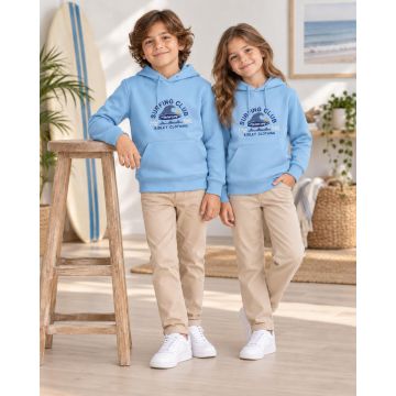 Kidley sky blue Surfing Club hoodie styled as part of a child’s casual outfit