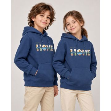 Front view of a child wearing the Kidley denim blue This Is Home graphic hoodie