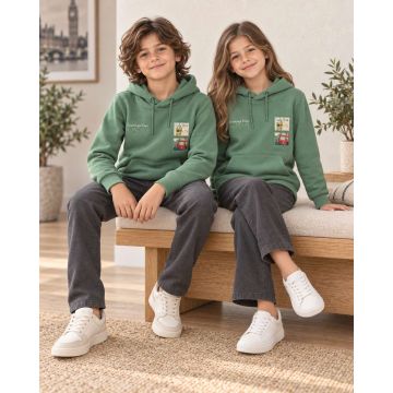 Kidley Kids’ London Postcard Graphic Full-Sleeve Pullover Hoodie – Sage Green