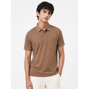 Front product-only: Mocha beige mercerised cotton tonal geometric polo T-shirt front view