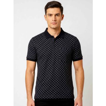 Front product-only: Black mercerised cotton monogram polo T-shirt front view