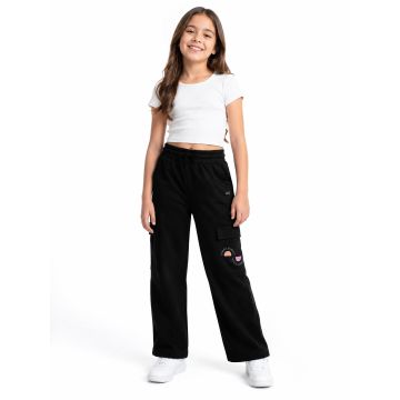Full-length model view wearing Kidley girls' black wide-leg cargo trousers
