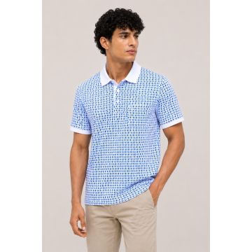 Front product-only: White and blue mercerised cotton geometric polo T-shirt front view