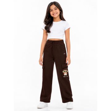 Kidley girls' chocolate brown cargo trousers styled for a casual day out
