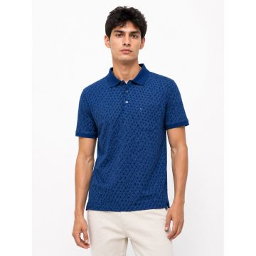 Front product-only: Deep blue mercerised cotton diagonal-print polo T-shirt front view