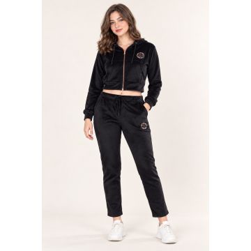 Kidley Women’s Velvet Cropped Zip-Up Hoodie & Jogger Co-ord Set – Black