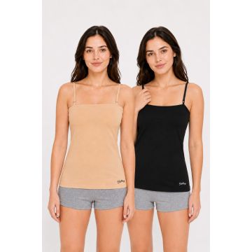 Super Combed Cotton Stretch Slim Fit Square Neck Camisole - Beige Black Pack of 2