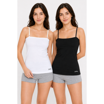 Super Combed Cotton Stretch Slim Fit Square Neck Camisole - Black White Pack of 2