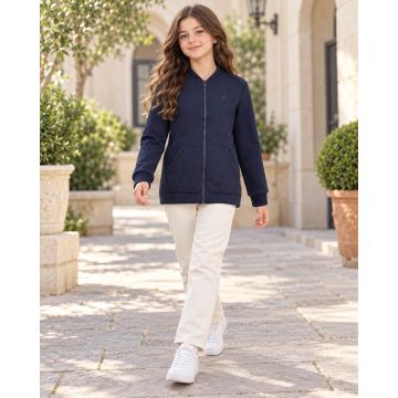 Girls’ Premium Signature Abstract Textured Zip-Up Bomber Jacket – Midnight Navy