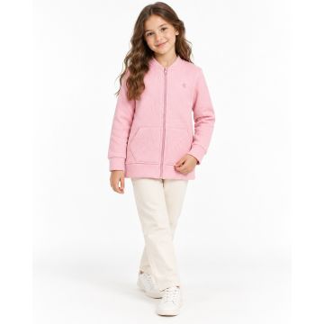 Girls’ Premium Signature Abstract Textured Zip-Up Bomber Jacket – Blush Pink
