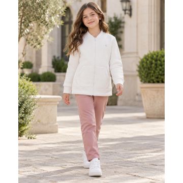 Girls’ Premium Signature Geo Textured Zip-Up Bomber Jacket – Pearl White