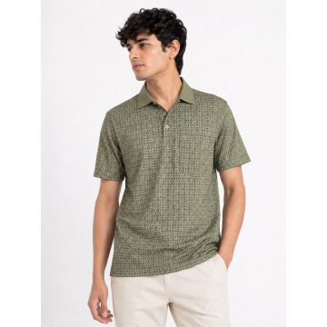 Olive Heritage Mercerised Cotton Lattice Print Polo T-Shirt – Olive Green