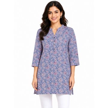 Cotton Straight-Cut Floral Vine Three-Quarter Sleeve Kurti – Dusty Blue 