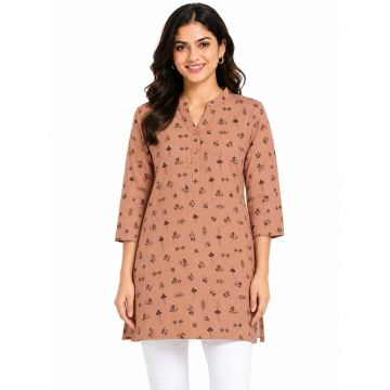 Cotton Straight-Cut Botanical Motif Three-Quarter Sleeve Kurti – Terracotta