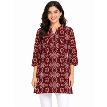 Cotton Straight-Cut Dotted Geometric Three-Quarter Sleeve Kurti – Brick Red