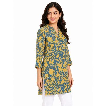 Cotton Straight-Cut Bold Botanical Three-Quarter Sleeve Kurti – Teal Blue & Mustard