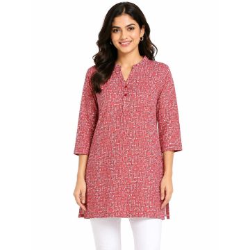 Cotton Straight-Cut Abstract Geometric Three-Quarter Sleeve Kurti – Red
