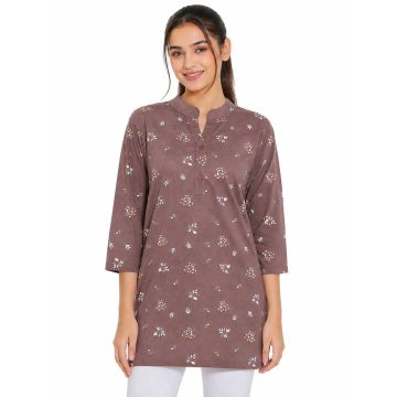 Cotton Straight-Cut Ditsy Floral Three-Quarter Sleeve Kurti – Taupe Brown