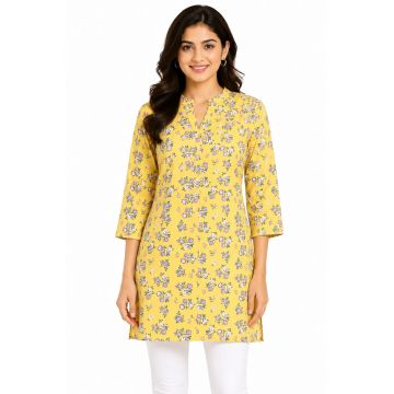 Cotton Straight-Cut Floral Three-Quarter Sleeve Kurti – Yellow