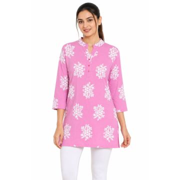 Cotton Straight-Cut Floral Bouquet Three-Quarter Sleeve Kurti – Pink