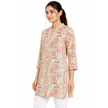 Cotton Straight-Cut Floral Bouquet Three-Quarter Sleeve Kurti – Pink 
