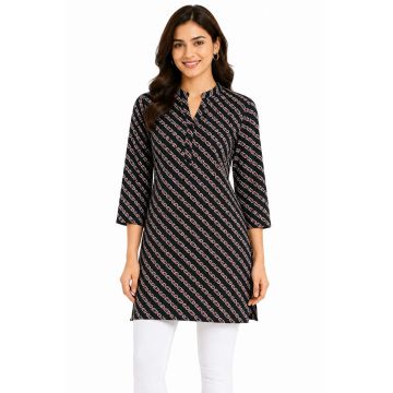 Cotton Straight-Cut Chain Print Three-Quarter Sleeve Kurti – Black