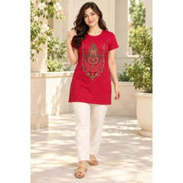 Women’s Cotton Printed Long Kurti – Red