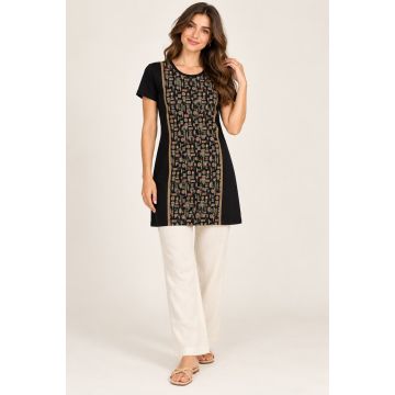 Women’s Cotton Printed Panel Long Kurti – Black