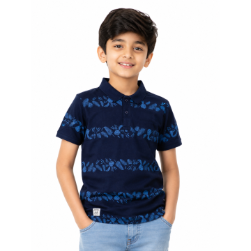 Boys Tropic Leaf Navy Blue Printed Polo T-Shirt