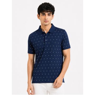 Front product-only: Navy blue mercerised cotton mini-motif polo T-shirt front view