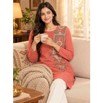 Women’s Cotton Ornate Grace Full-Sleeve Long Top – Coral – lifestyle view
