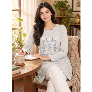 Women’s Cotton Botanical Poetry Full-Sleeve Long Top – Light Grey – lifestyle view