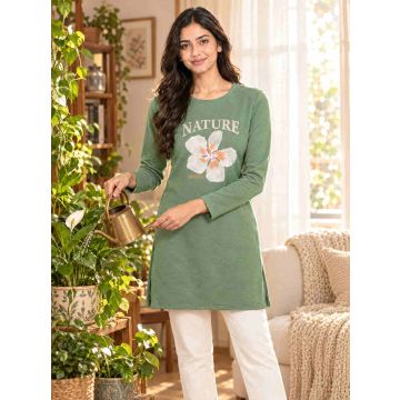 Women’s Cotton Nature Bloom Full-Sleeve Long Top – Sage Green – lifestyle view