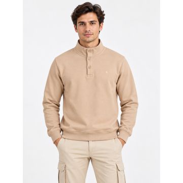 Men’s Luxe Fleece Signature Button High-Neck Sweatshirt – Sand Beige