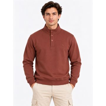 Men’s Luxe Fleece Signature Button High-Neck Sweatshirt – Rust Brown