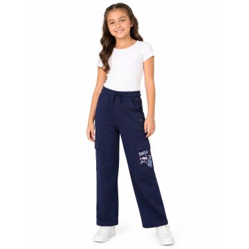 Kidley Girls' Wide-Leg Smile Graphic Drawstring Cargo Trousers – Navy Blue