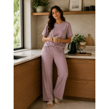 Kidley Luxury Modal Night Dress for Women - Self-Textured Night Suit Set - Off purple