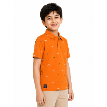 Boys Paper Boat Orange Mini Print Polo T-Shirt