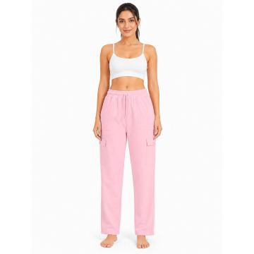 Woman wearing Kidley Pink relaxed-fit drawstring cargo lounge lower