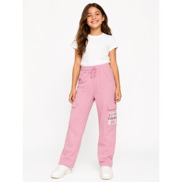 Kidley Girls' Wide-Leg Yes Girl Graphic Drawstring Cargo Trousers – Pink