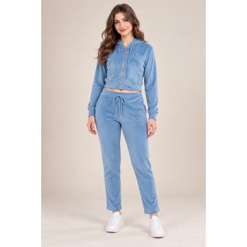 Kidley Women’s Velvet Cropped Zip-Up Hoodie & Jogger Co-ord Set – Sky Blue