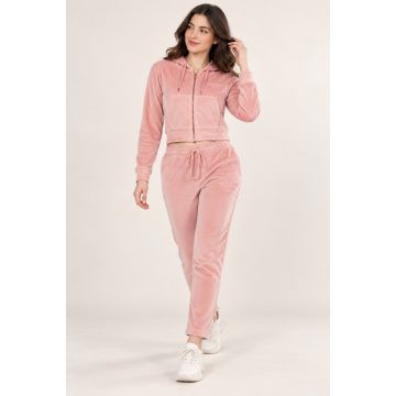 Kidley Women’s Velvet Cropped Zip-Up Hoodie & Jogger Co-ord Set – Peach