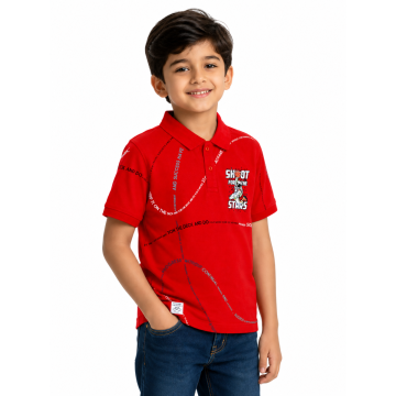 Boys Star Shot Red Typography Printed Polo T-Shirt