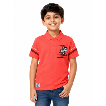Boys Turbo Buddy Coral Red Cartoon Graphic Printed Polo T-Shirt
