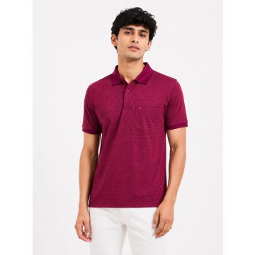 Ruby Texture Mercerised Cotton Tonal Micro-Print Polo T-Shirt – Raspberry Red