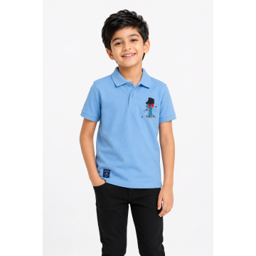 Boys Radiated Sky Blue Cartoon Graphic Printed Polo T-Shirt